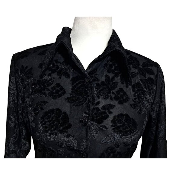 Sultry Gothic Vintage Swing Black Burnout Velvet Rose Floral Blouse Sz M Made In - Picture 6 of 10